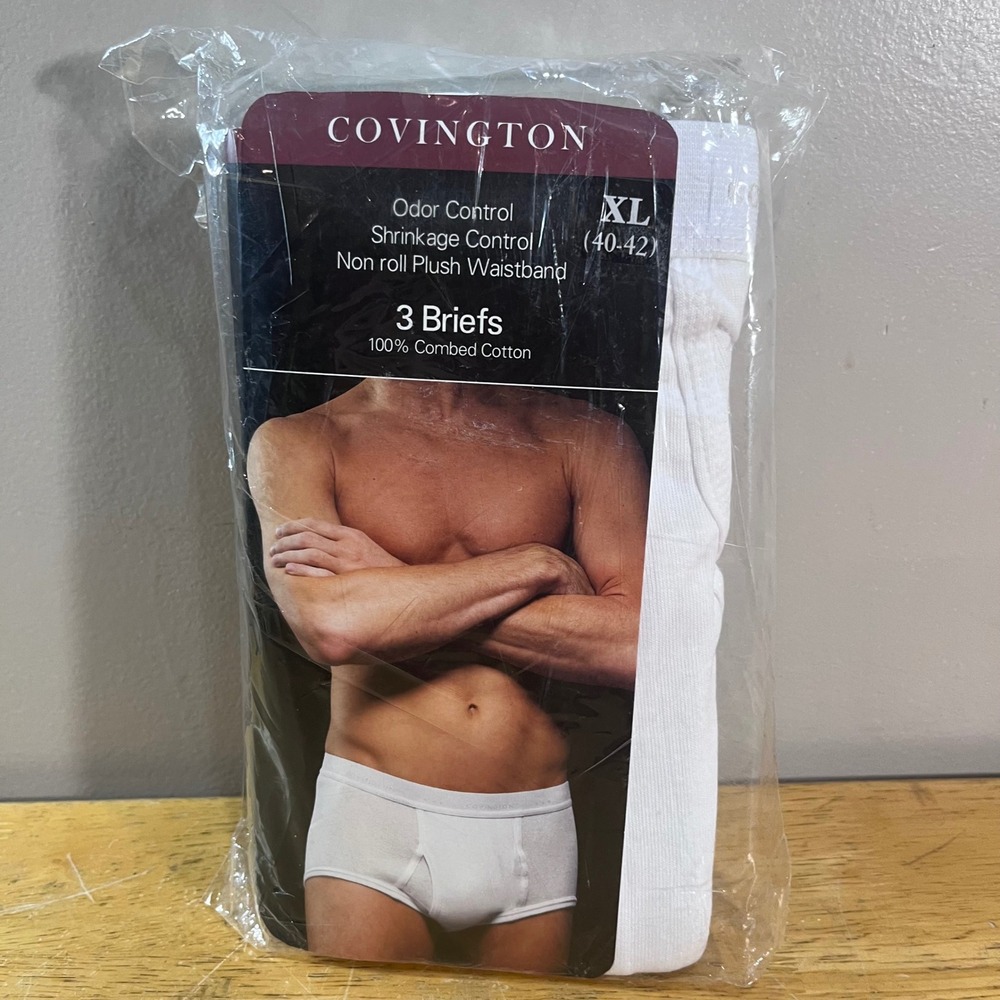 Covington Mens 3 Pack Briefs White XL 40-42 Combed Cotton Odor Control Vtg Style